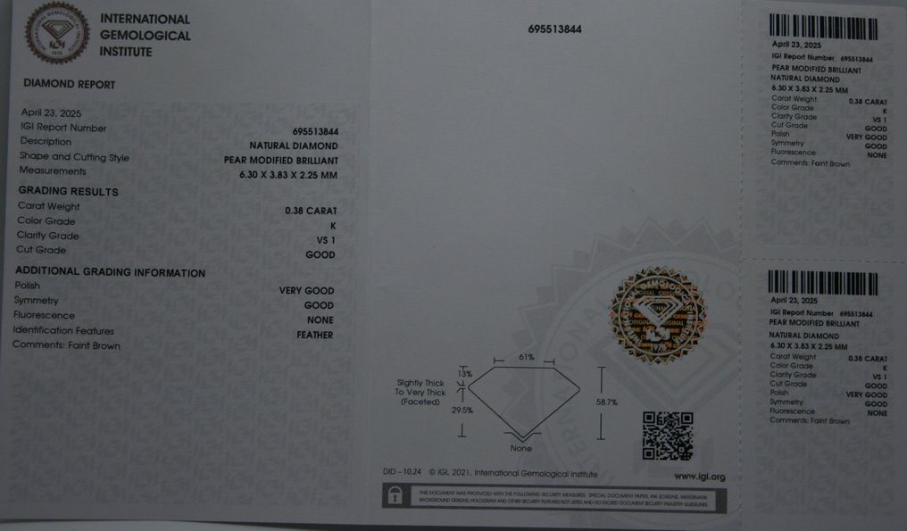 1 pcs Gyémánt (Természetes) - 0.38 ct - Körte - K - VS1 - Nemzetközi Gemmológiai Intézet (IGI) #4.3