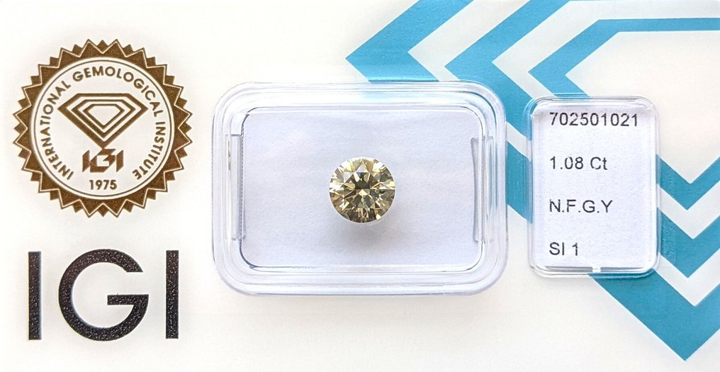 1 pcs Διαμάντι  (Φυσικού χρώματος)  - 1.08 ct - Στρογγυλό - Fancy Γκρίζο Κίτρινο - SI1 - International Gemological Institute (IGI) #2.1