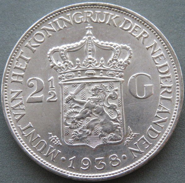 Holandia. Wilhelmina. 2 1/2 Gulden 1938b Grof Haar #3.2