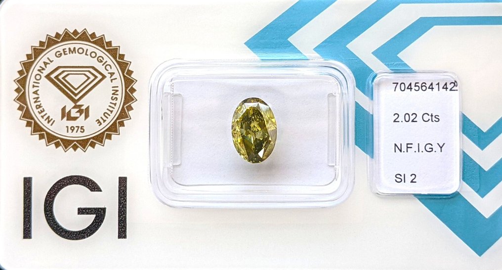 Ingen reservasjonspris - 1 pcs Diamant (Naturfarget) - 2.02 ct - Oval - Fancy intense Grønn Gul - SI2 - Det internasjonale gemologiske institutt (IGI) #1.0