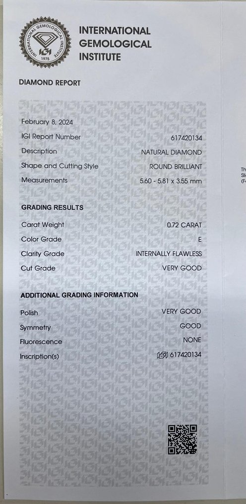 1 pcs Diamant (Natuurlijk) - 0.72 ct - Rond - E - IF - International Gemological Institute (IGI) #2.1