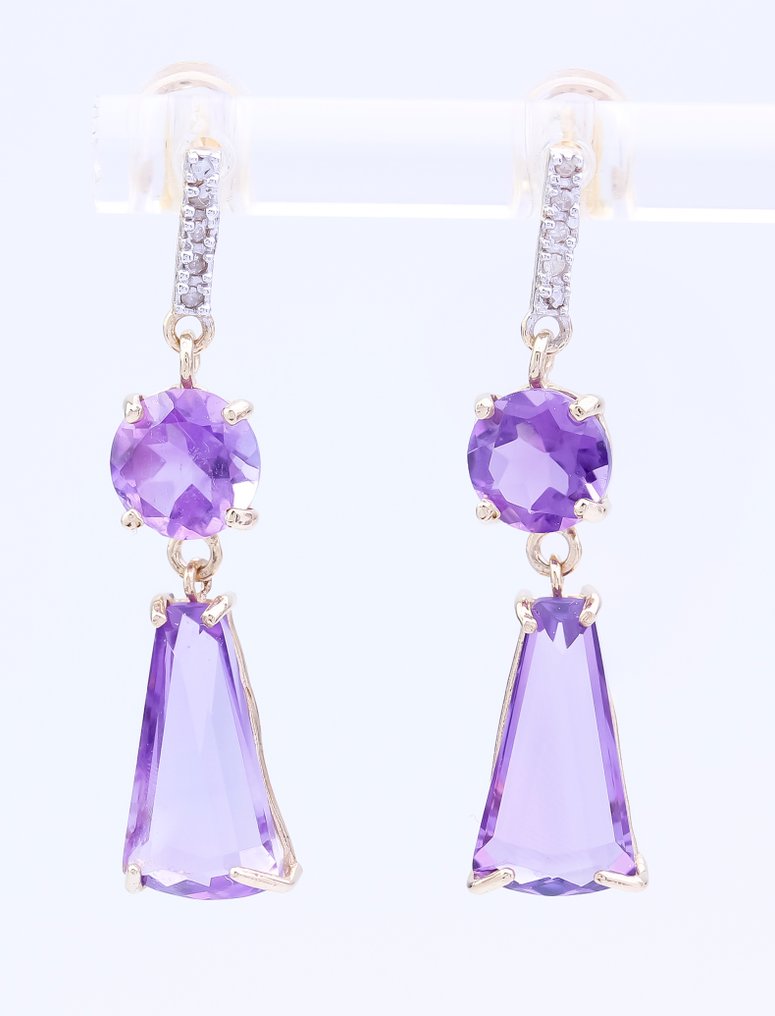 χωρίς τιμή ασφαλείας - Σκουλαρίκια - 14 καράτια Κίτρινο χρυσό Αμέθυστος - Διαμάντι #1.0