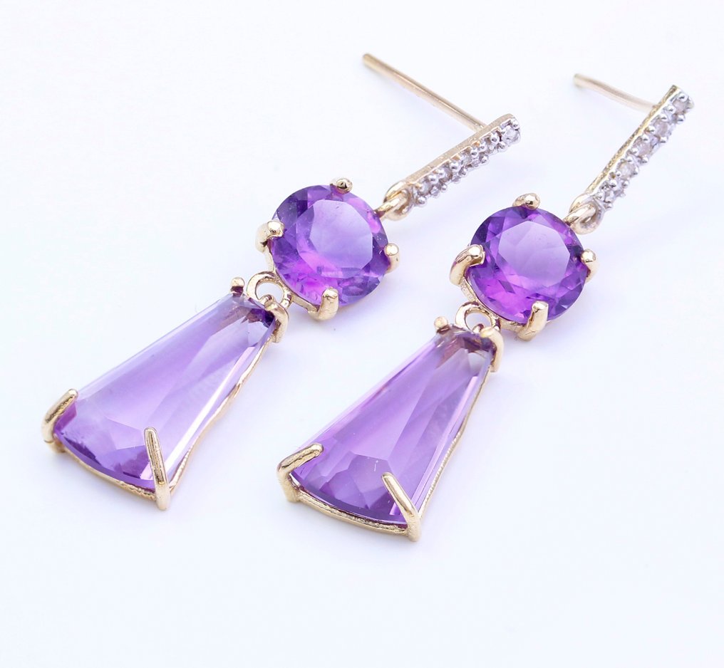 χωρίς τιμή ασφαλείας - Σκουλαρίκια - 14 καράτια Κίτρινο χρυσό Αμέθυστος - Διαμάντι #3.2