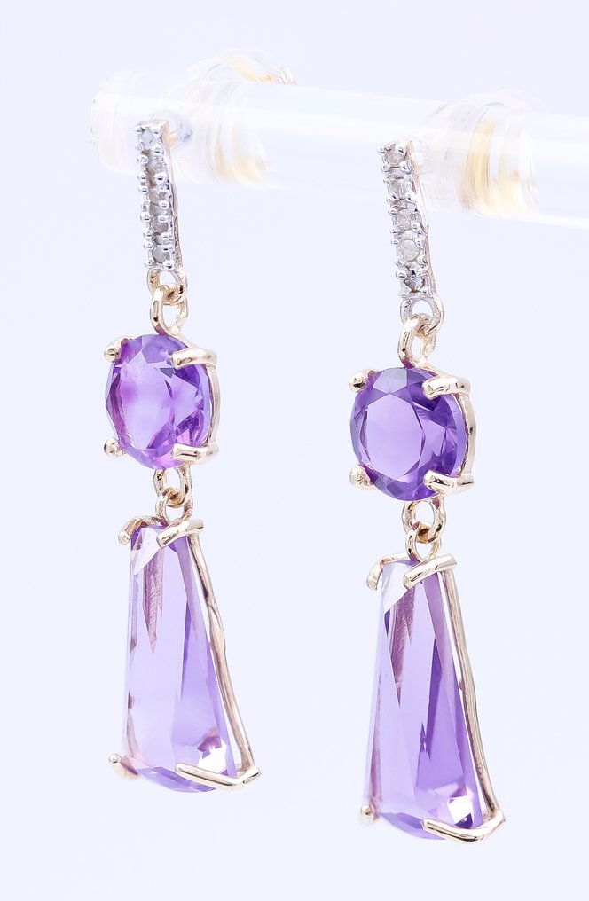 χωρίς τιμή ασφαλείας - Σκουλαρίκια - 14 καράτια Κίτρινο χρυσό Αμέθυστος - Διαμάντι #1.0