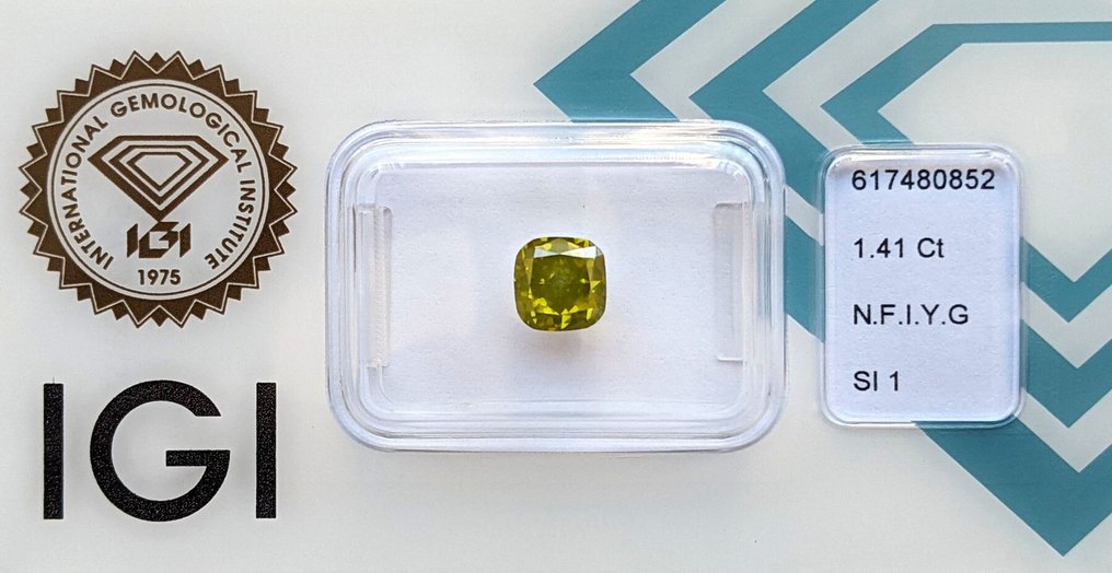 1 pcs Diamant  (Couleur naturelle)  - 1.41 ct - Coussin - Fancy intense Jaunâtre Vert - SI1 - International Gemological Institute (IGI) #2.1