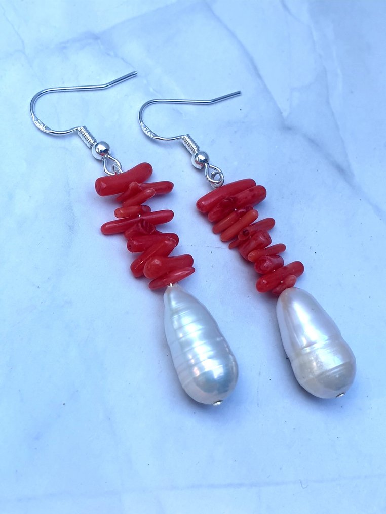 Argent, Perles d'eau douce de forme baroque, branches de corail rouge - Boucles d'oreilles goutte d'eau #3.2