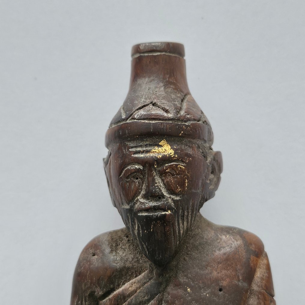 Αρχαία Κινέζικη Ξύλο Άγαλμα με καθιστό Βούδα σε θρόνο με μαγικές λέξεις. - 115 mm #4.3