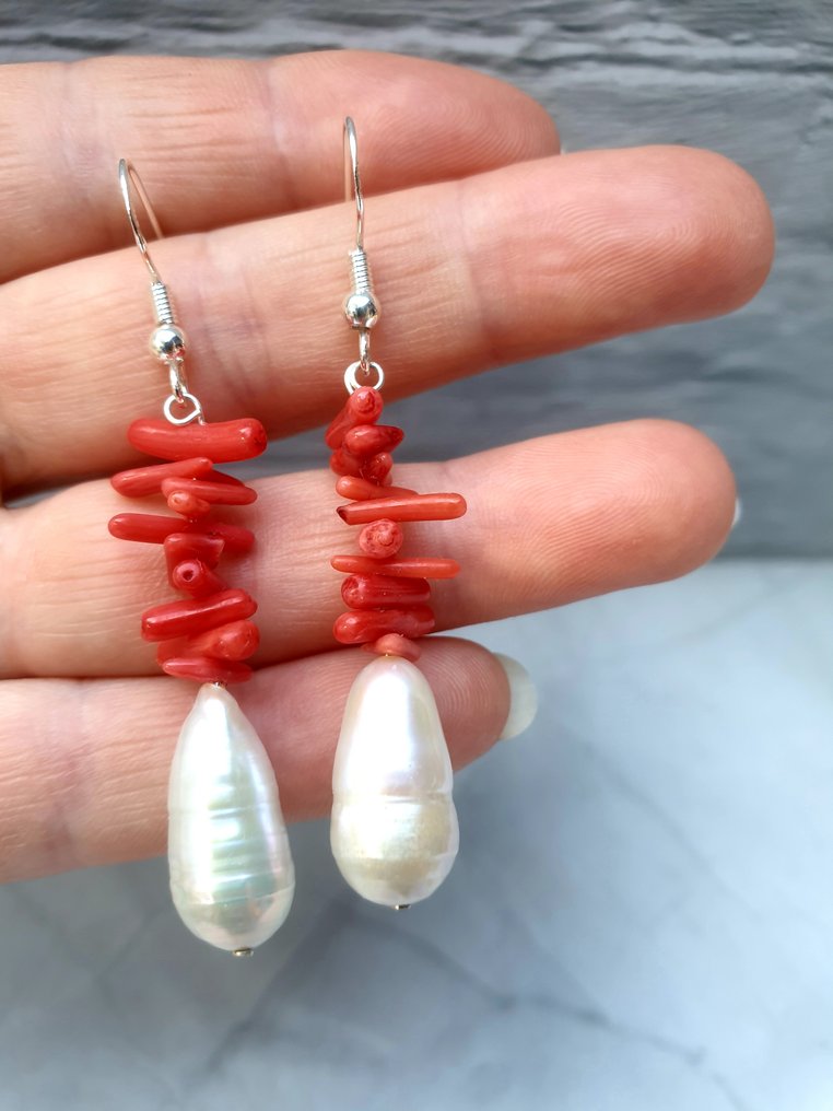 Argent, Perles d'eau douce de forme baroque, branches de corail rouge - Boucles d'oreilles goutte d'eau #2.1