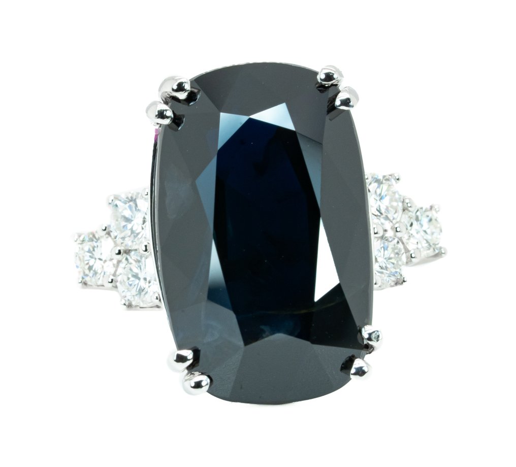 没有保留价 - 戒指 - 14K包金 白金, Deep Blue（无热） -  22.99ct. tw. 蓝宝石 - 钻石 - 0.88克拉 #1.0