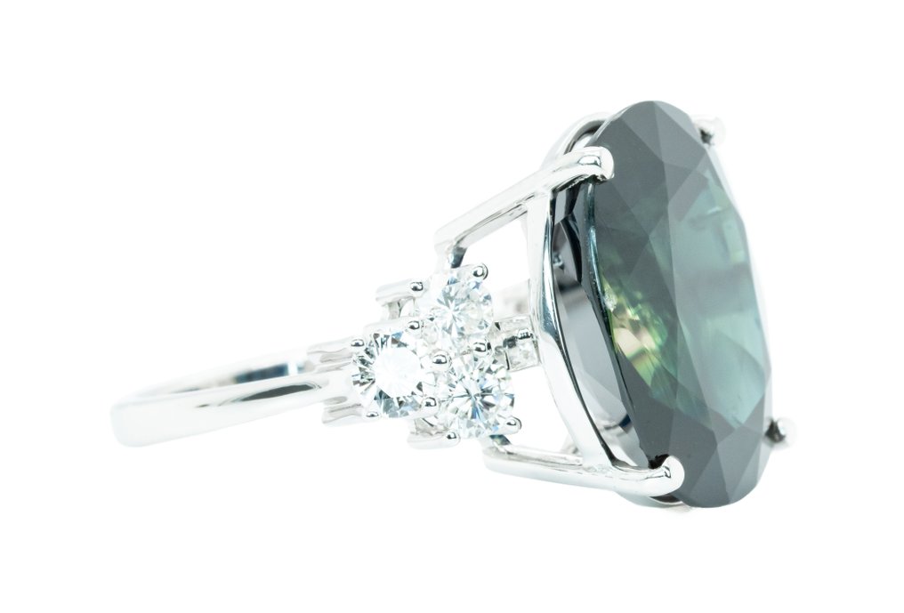 没有保留价 - 戒指 - 14K包金 白金, Deep Blue（无热） -  17.16ct. tw. 蓝宝石 - 钻石 - 0.98 ct #3.2