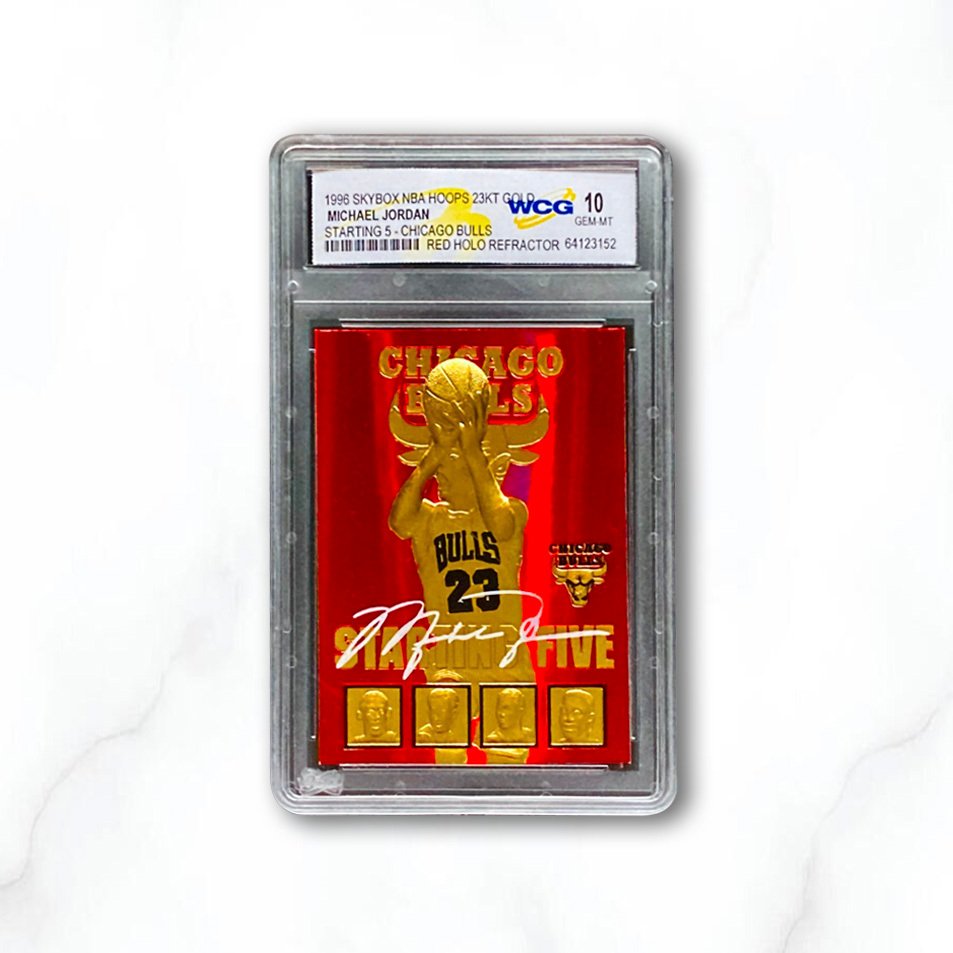 1996 Fleer 1996 Skybox NBA Hoops 23KT Gold - Starting 5 - Chicago Bulls - Red Holo Refractor Michael Jordan 05144 Autographed card, Serialised card, 23KT Gold - WCG 10 - 1 Graded card #1.0