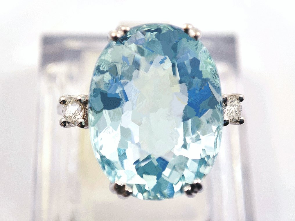 没有保留价 - 戒指 - 18K包金 白金 -  9.88ct. tw. 海蓝宝石 - 钻石 #1.0