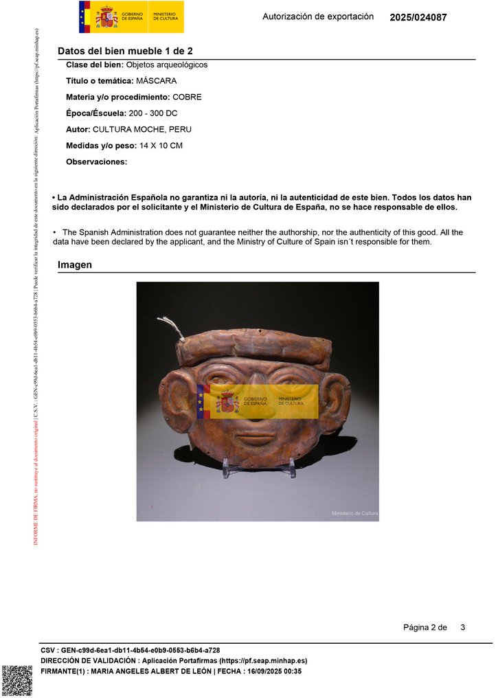 Moche 铜 口罩。14 厘米 长。罚款。西班牙的出口许可证。 #3.2