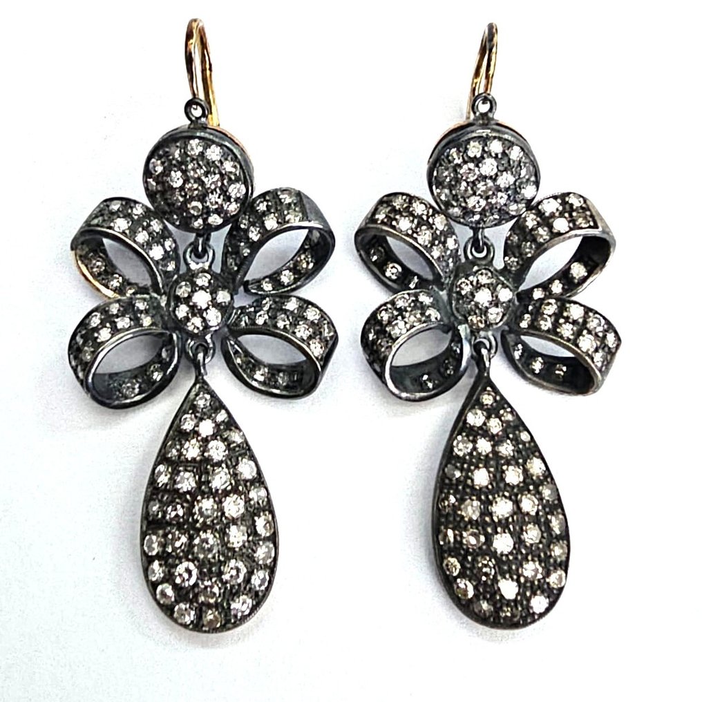 耳環 - 9 節 銀, 黃金 鉆石 (天然)  #1.0