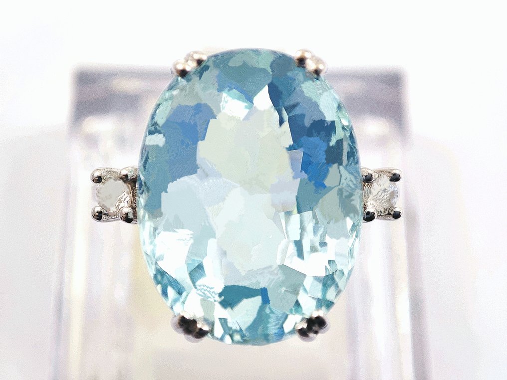 没有保留价 - 戒指 - 18K包金 白金 -  9.88ct. tw. 海蓝宝石 - 钻石 #3.2