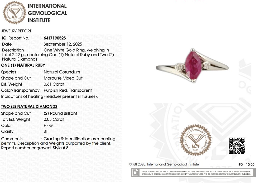 Gyűrű - 14 kt. Fehér arany Rubin - Gyémánt #2.1