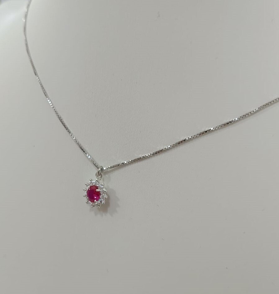 吊坠项链 - 18K包金 白金 钻石 (天然)  - 红宝石 #1.0