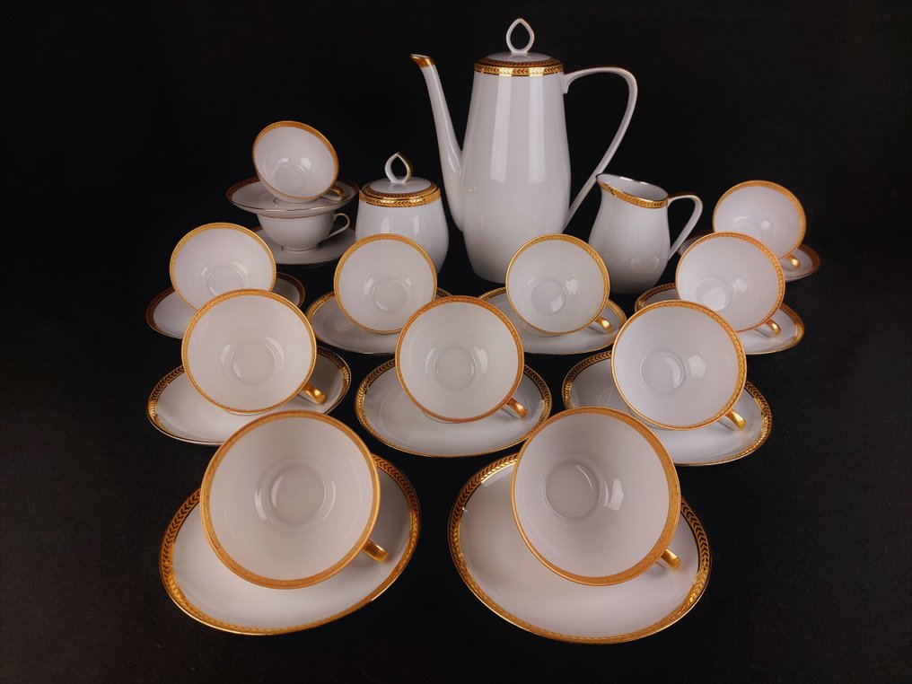 Chastagner & Cie - Coffee set for 12 (27) - feuilles de laurier - Porcelain, double gold leafing - Style Empire #2.1