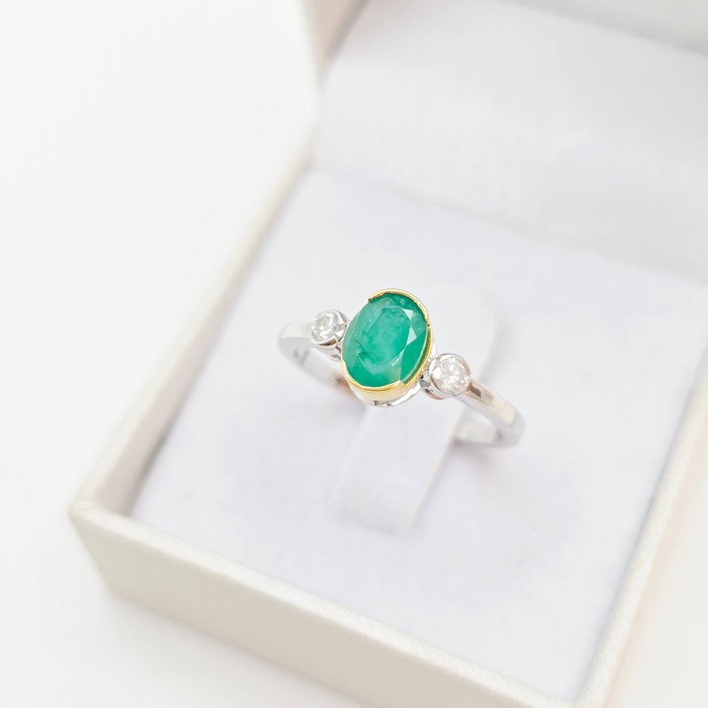 没有保留价 - 戒指 - 14K包金 白金, 黄金 - 1.17ct. tw. 祖母绿 - 钻石 #1.0