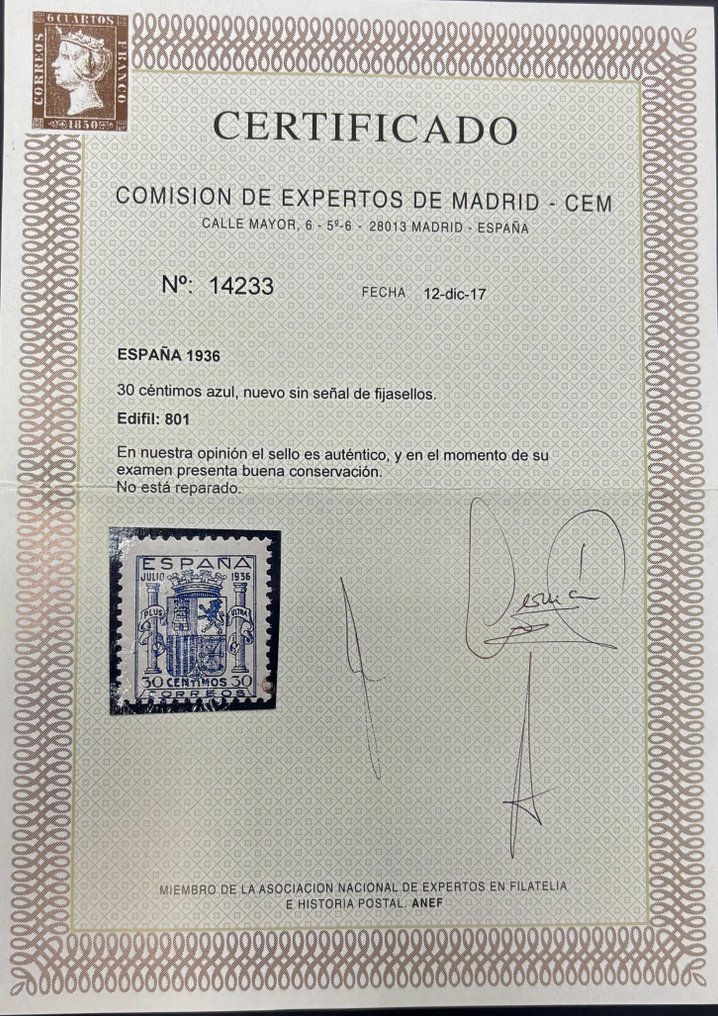 Spania 1936/1936 - Stema Spaniei Certificat CEM - Edición 801** #2.1