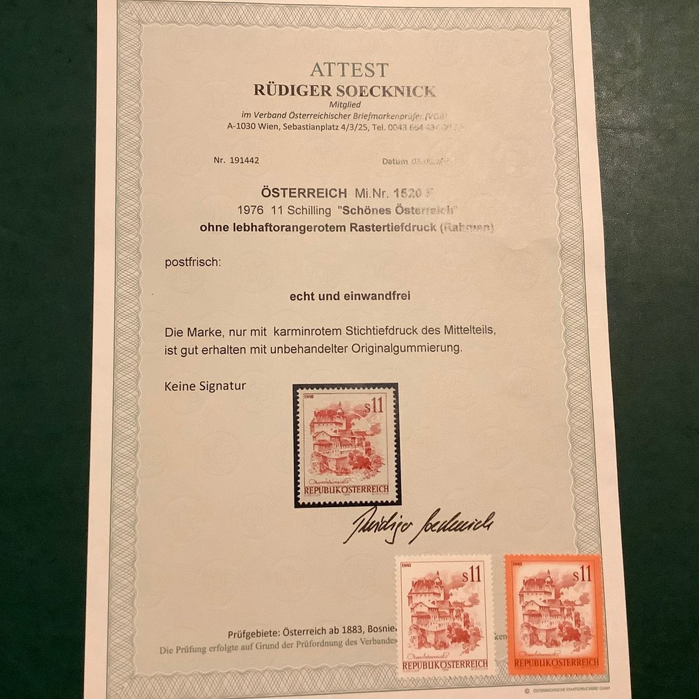 奥地利 1976 - 11施林恩：无框印刷，配有完美的照片证书，Soecknick - Michel 1520 F #1.0