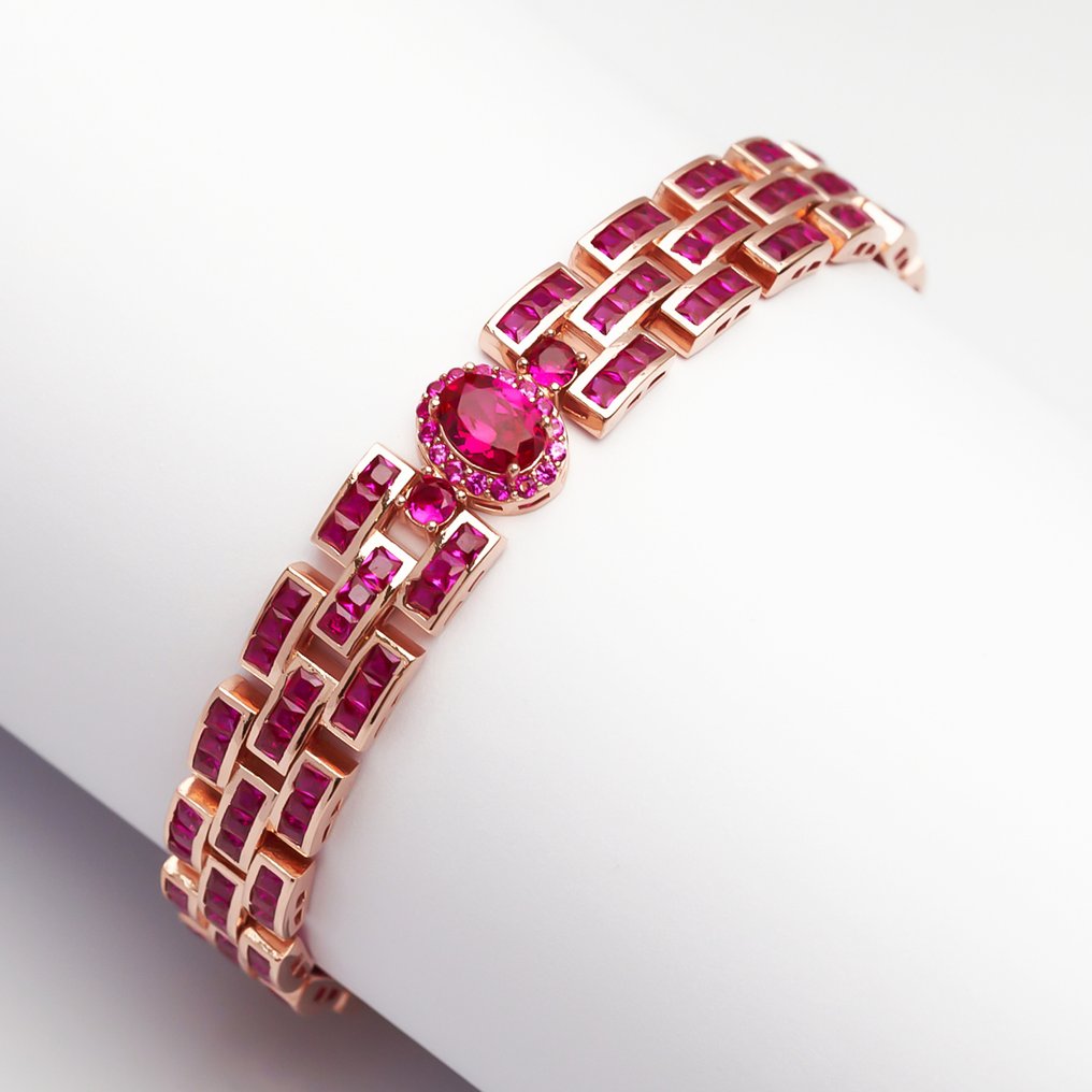 Ei pohjahintaa - Rannekoru Hopea, Lab Report - 8.23ct. tw. Rubiini - Art Deco -vaikutteinen #1.0