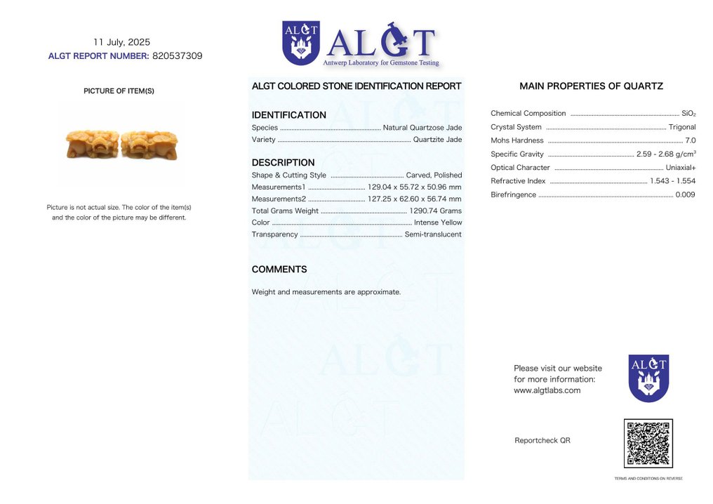 ALGT 认证 - 巨大且精湛的天然石英岩玉雕像 一种具有独特鲜明色彩的发现- 1290.74 g - (2) #2.1