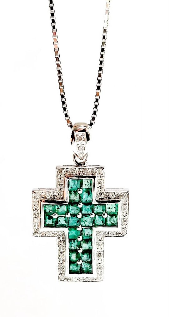 吊坠项链 - 18K包金 白金 - 2.68ct. tw. 钻石 (天然) - 祖母绿 #3.2