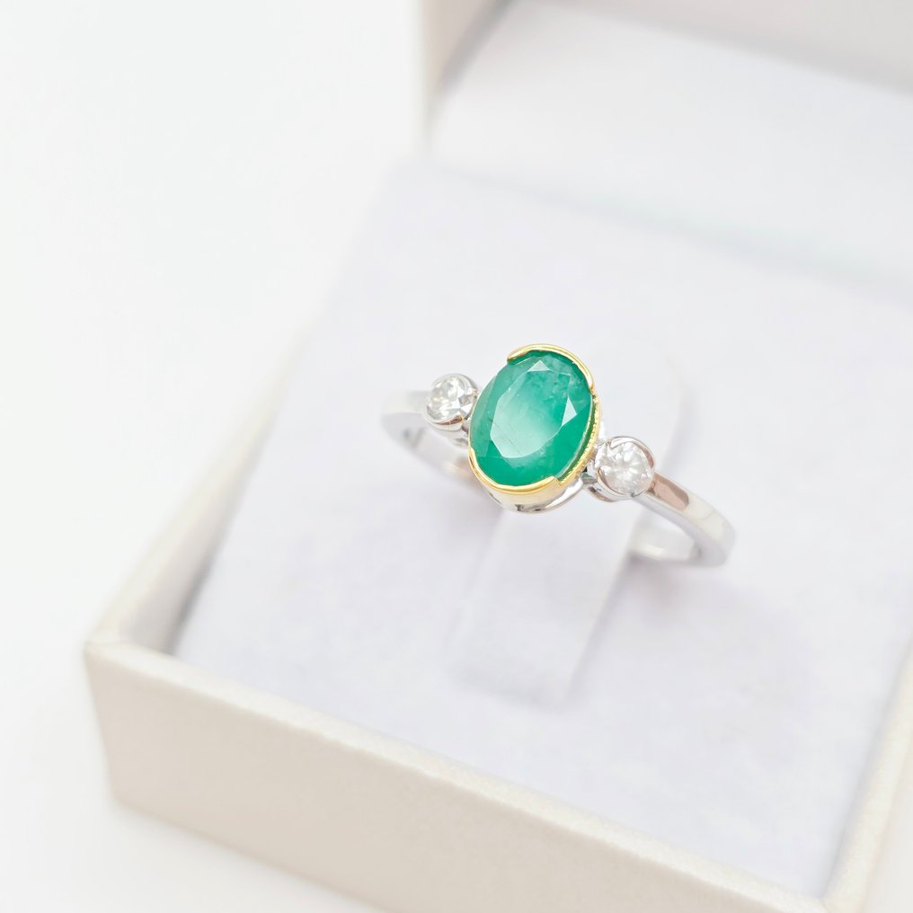 没有保留价 - 戒指 - 14K包金 白金, 黄金 - 1.17ct. tw. 祖母绿 - 钻石 #3.2