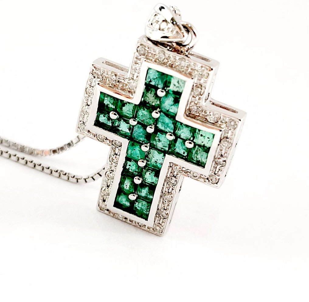 吊坠项链 - 18K包金 白金 - 2.68ct. tw. 钻石 (天然) - 祖母绿 #1.0