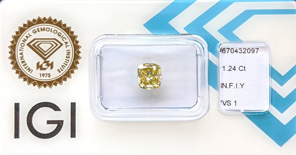 1 pcs 钻石  (天然色彩的)  - 1.24 ct - 枕形 - Fancy intense 黄色 - VS1 轻微内含一级 - 国际宝石研究院（IGI） #2.1