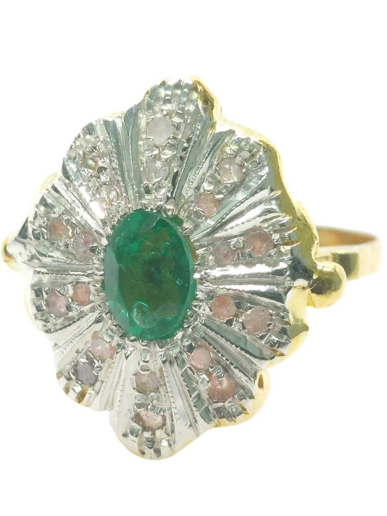 χωρίς τιμή ασφαλείας - Δαχτυλίδι - 9 kt. Ασημί, Κίτρινο χρυσό Σμαράγδι - Διαμάντι #1.0