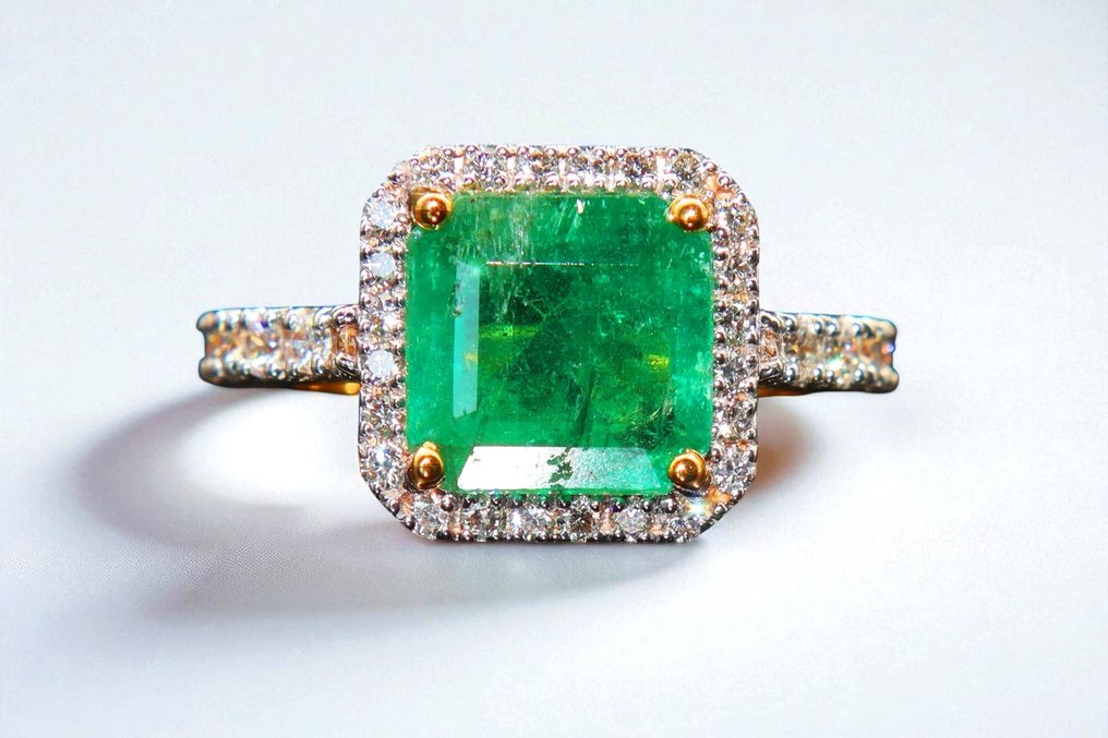 戒指 - 14K包金 黄金 -  3.89ct. tw. 祖母绿 - 钻石 - 透明翡翠 #1.0