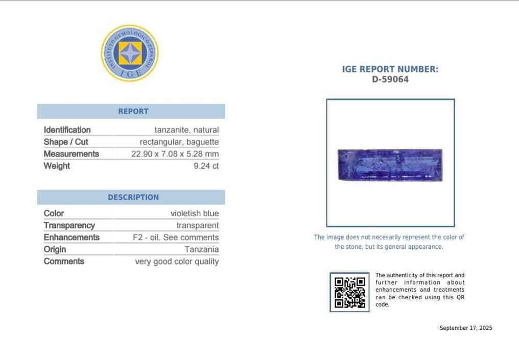 1 pcs  蓝色, 紫罗兰色 坦桑石  - 9.24 ct - 西班牙宝石学院（IGE） - 颜色很好 #1.0
