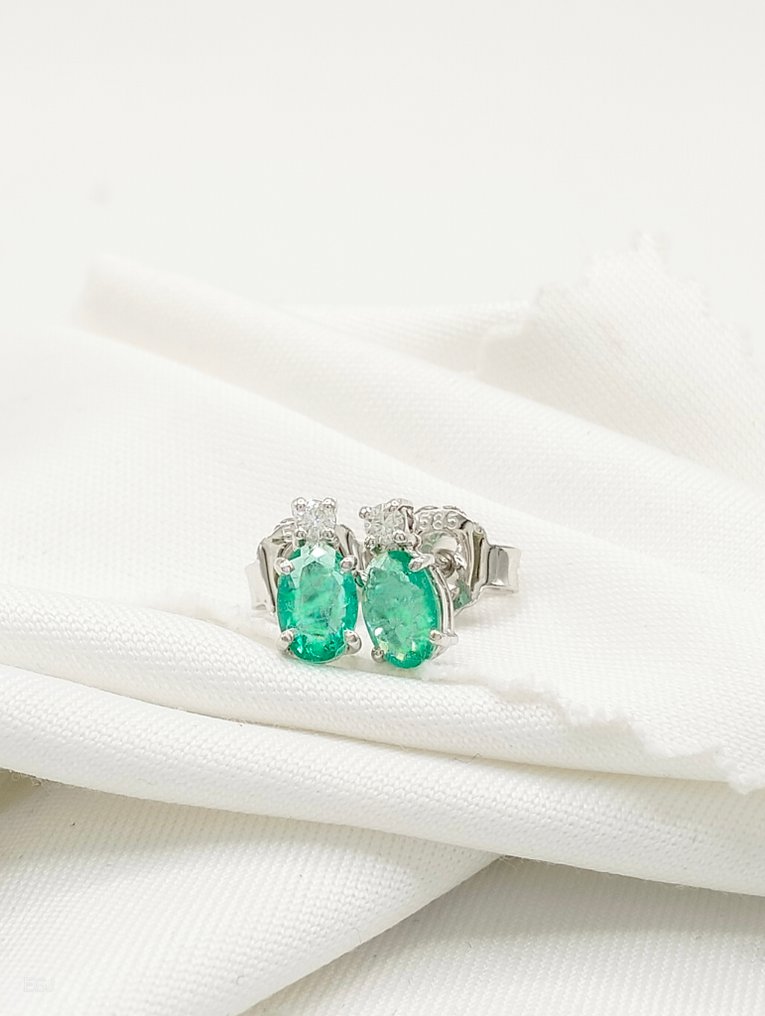 Nincs minimálár - Drop fülbevaló - 14 kt. Fehér arany Smaragd - Gyémánt #3.2