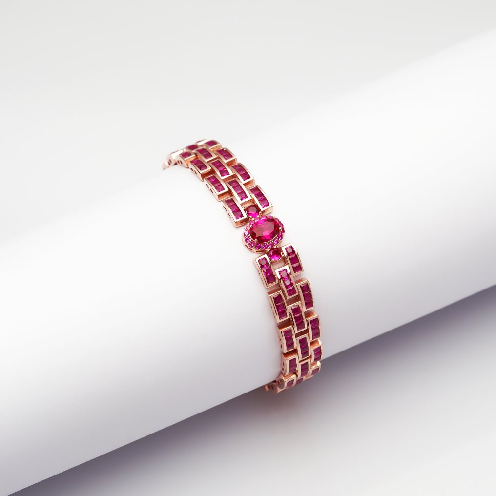 Ei pohjahintaa - Rannekoru Hopea, Lab Report - 8.23ct. tw. Rubiini - Art Deco -vaikutteinen #4.3