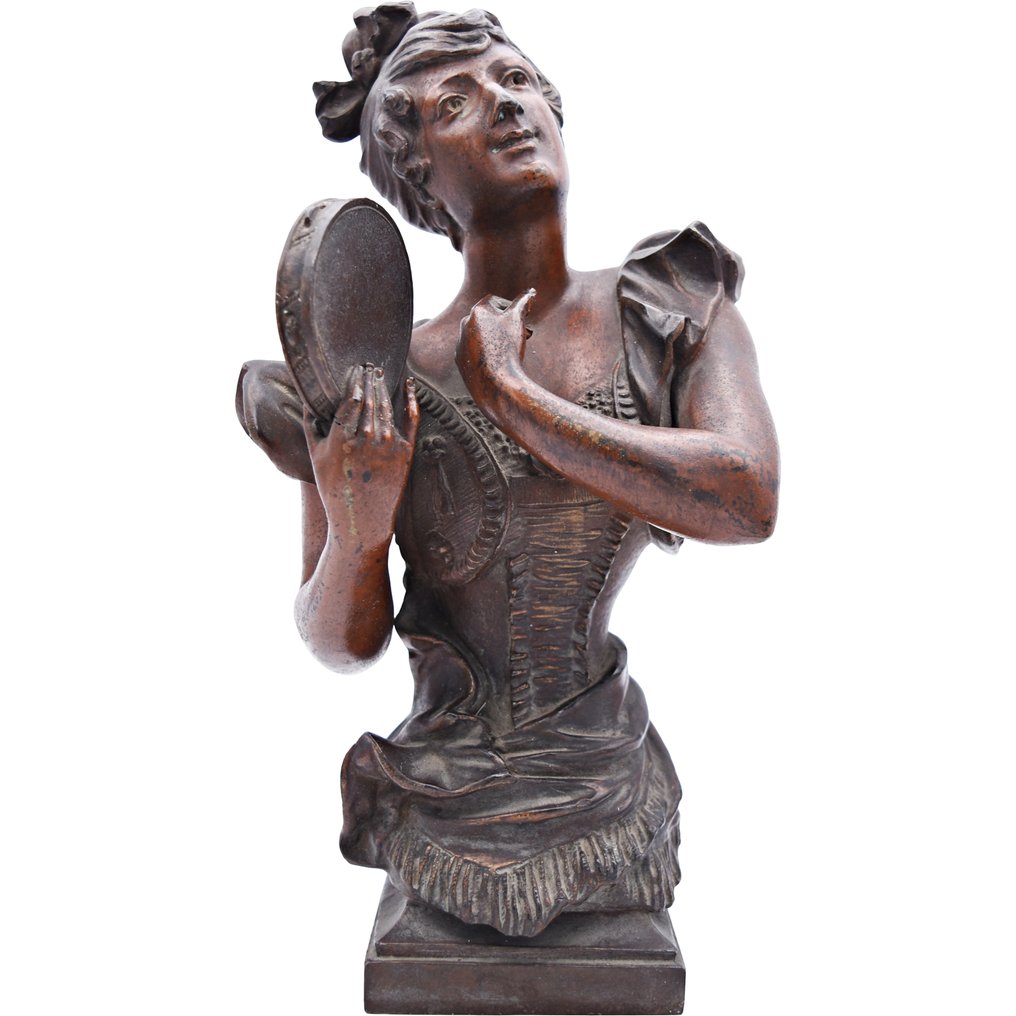 Sculpture, Dama tocando pandereta - Romanticismo tardío - 25 cm - Spelter #2.1