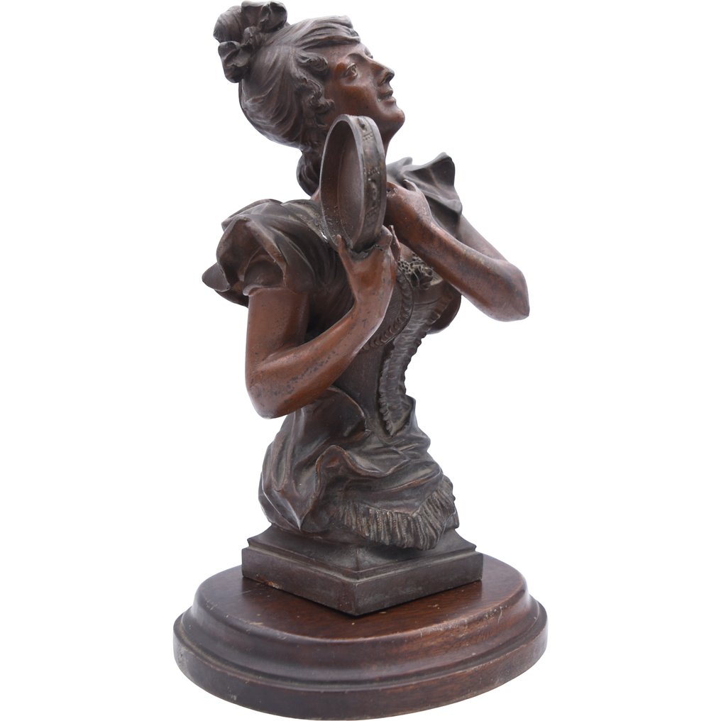 Sculpture, Dama tocando pandereta - Romanticismo tardío - 25 cm - Spelter #1.0