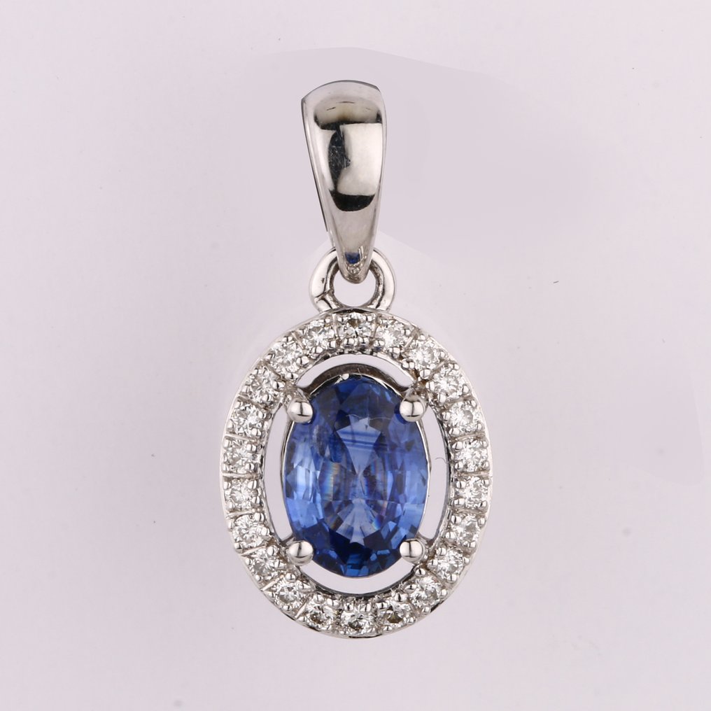 吊坠 - 14K包金 白金 -  1.09ct. tw. 蓝宝石 - 钻石 #1.0