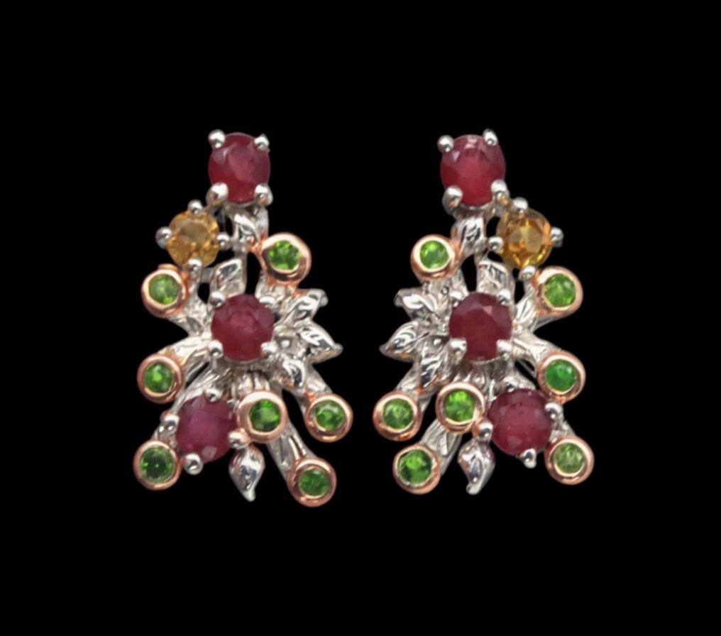 Sans prix de réserve - Boucles d'oreilles Argent Rubis - Citrine - diopside -gemme véritable #1.0
