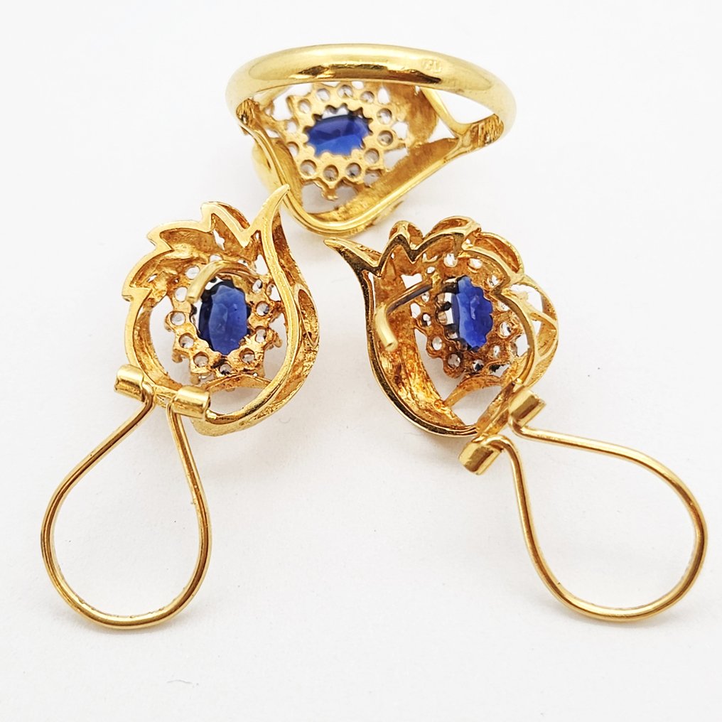 2件套珠宝 - 18K包金 黄金 - 1.35ct. tw. 蓝宝石 - 钻石 #3.2