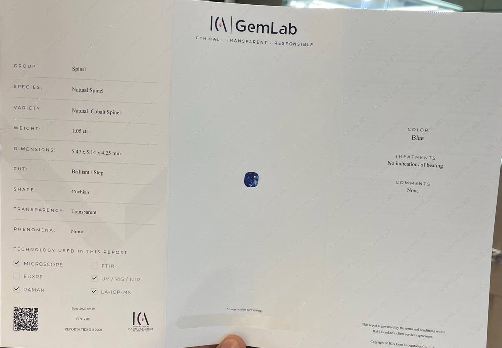 1 pcs  蓝色 尖晶石  - 1.05 ct - 国际有色宝石协会（ICA GemLab） - 钴蓝色尖晶石 #2.1