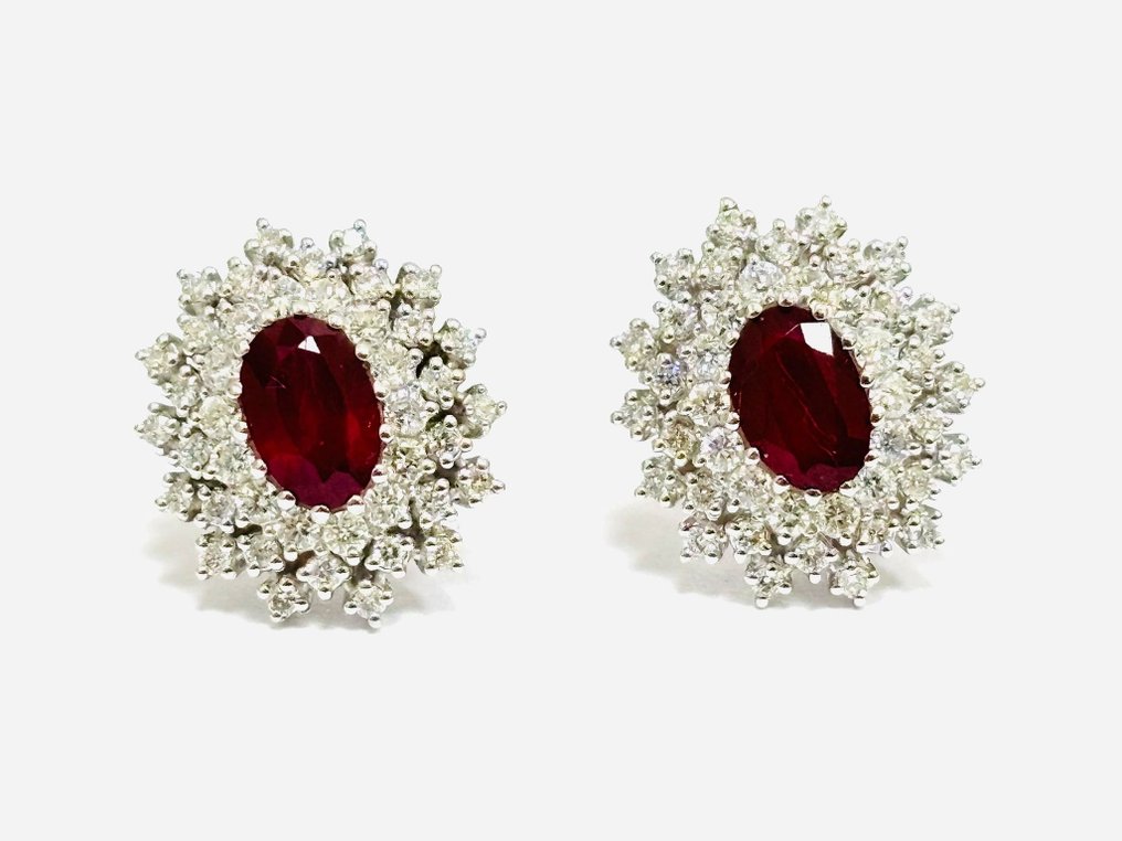 Earrings - 18 kt. White gold -  4.20ct. tw. Ruby - Diamond - Made in Italy #1.0