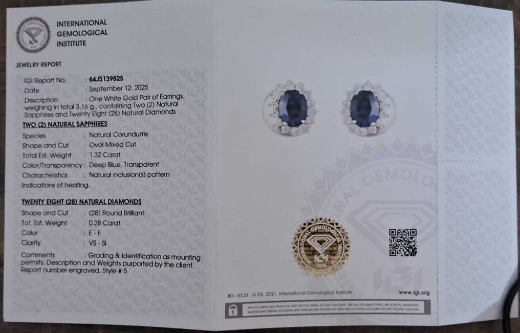 耳釘耳環 - 14 克拉 白金 -  1.60ct. tw. 藍寶石 - 鉆石 - 椭圆形切割 #2.1