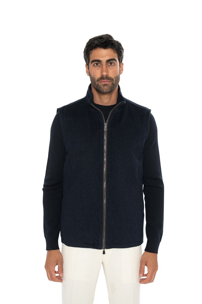 ISAIA NAPOLI RRP 3900€ Blue Navy Jacket Vest 100% Cashmere & Leather Details - 56 IT - Colete com enchimento - New with tags #1.0