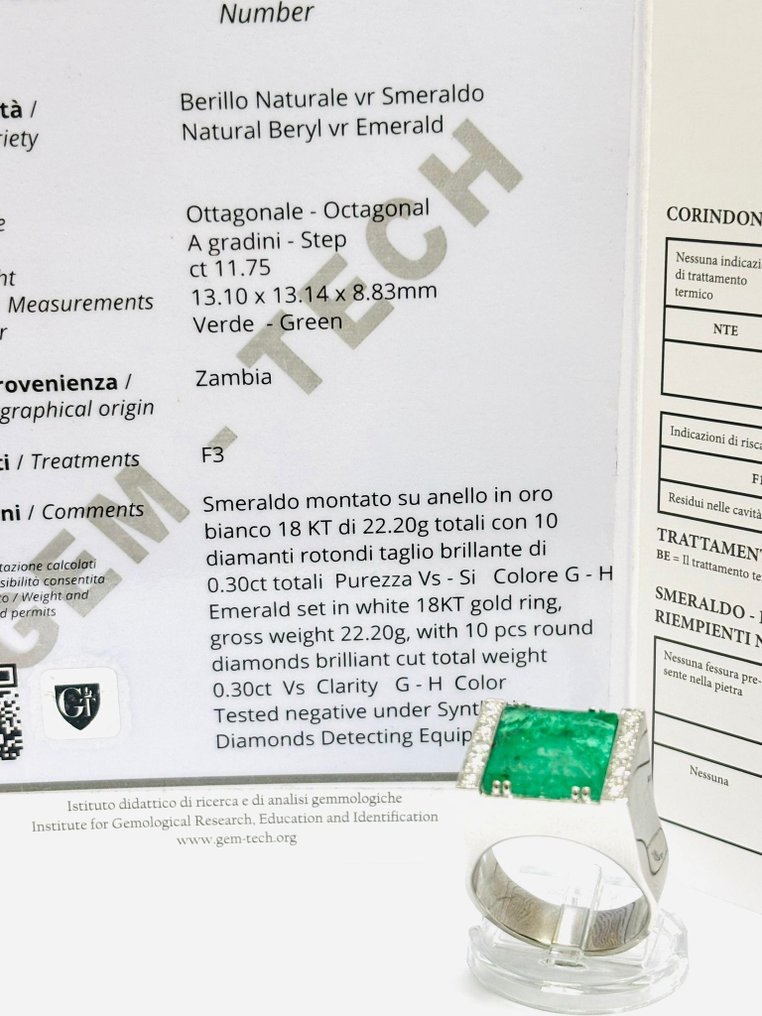 Δαχτυλίδι - 18 καράτια Λευκός χρυσός - 12.05ct. tw. Σμαράγδι - Διαμάντι - Κατασκευασμένο στην Ιταλία #1.0