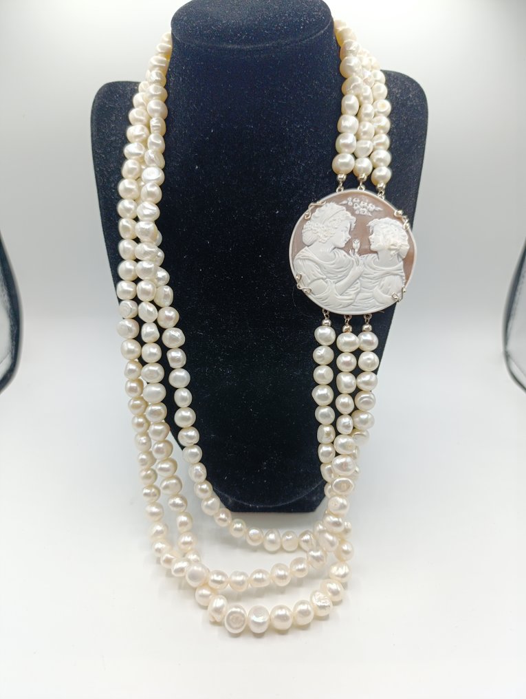 Ασημί, φυσικές μαργαριτούλες, φυσικό σαρδονικό καμέο - Κολιέ #2.1