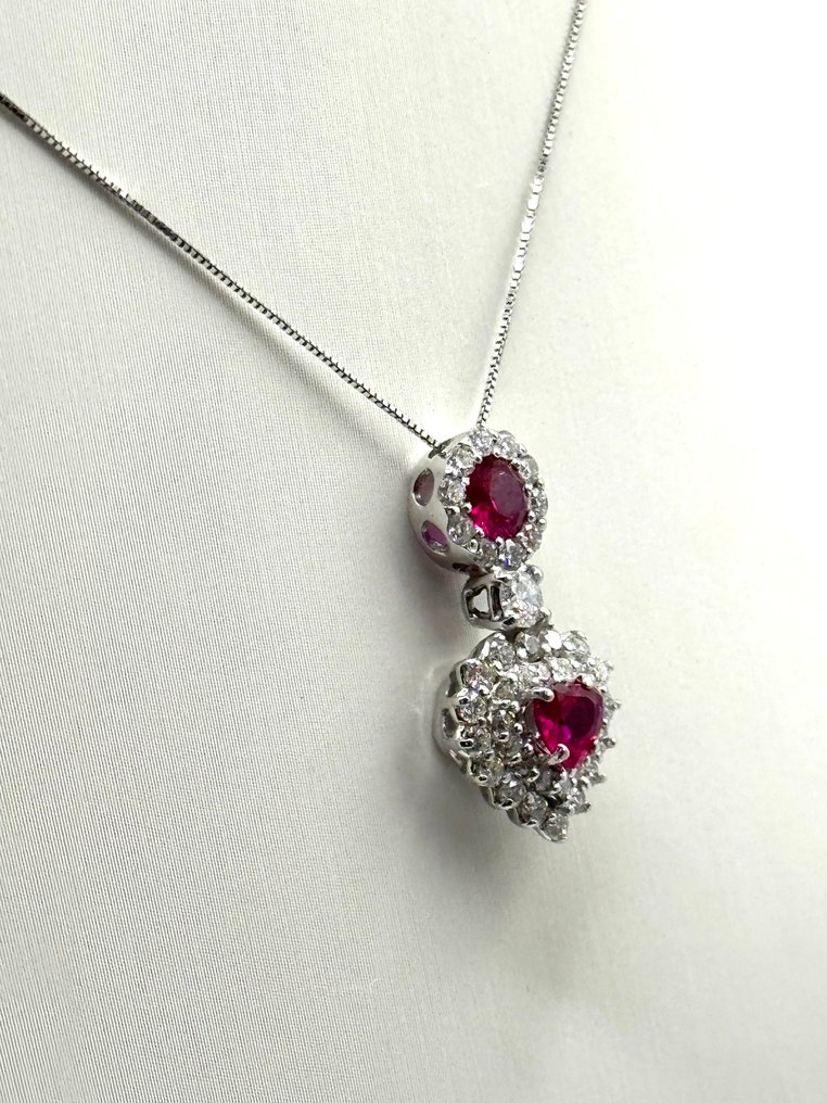 吊墜頸鏈 - 18 克拉 白金 -  1.80ct. tw. 紅寶石 - 鉆石 #1.0