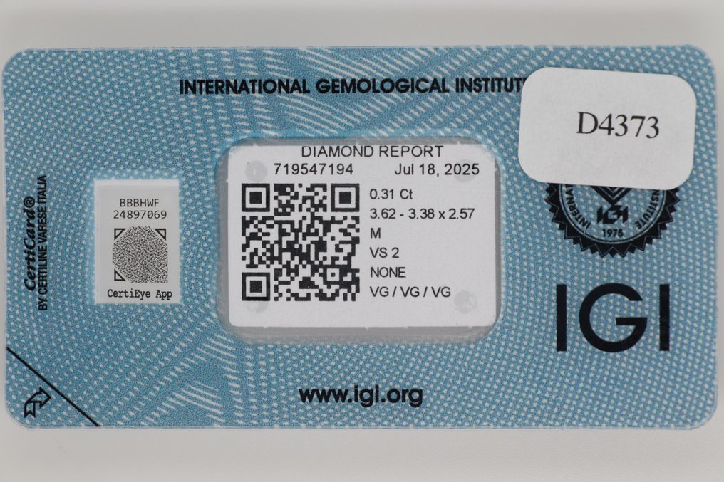 Fără preț de rezervă - 1 pcs Diamant  (Natural)  - 0.31 ct - Perniță - VS2 - IGI (Institutul gemologic internațional) #3.2