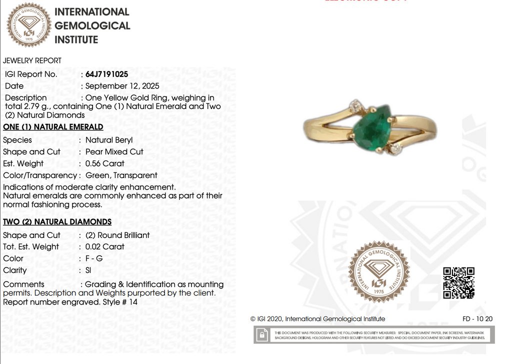 Inel - 14 ct. Aur galben Smarald - Diamant #2.1